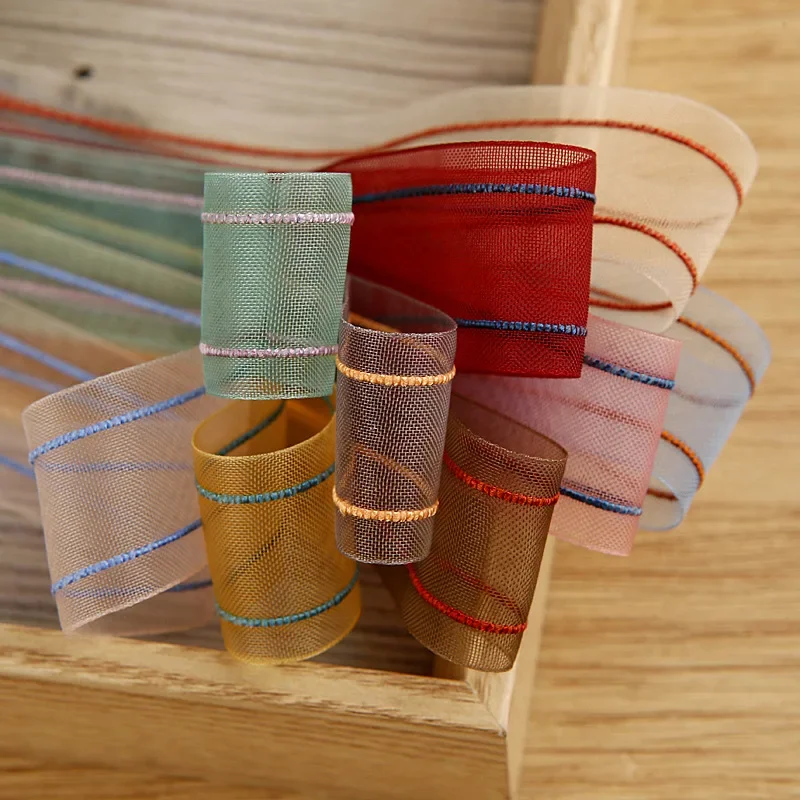 Cute Organza Stitch Mesh Ribbon Roll Striped Matte Lace DIY Bow Packing Tape 38 25 16 10 7mm 100Yards Wholesales Hair Ornament