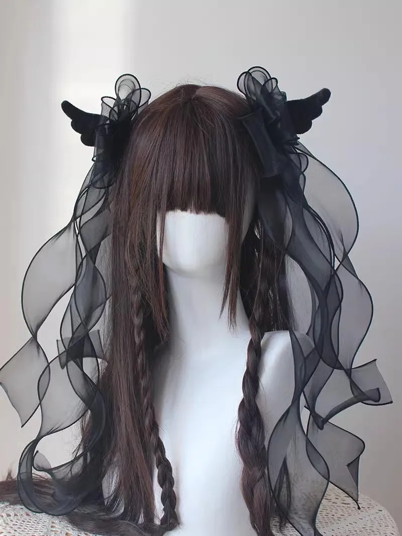 Épingle à cheveux en ruban Harajuku, 5 Types, faite à la main, originale, Spice Girl, gothique, ailes d'ange noires, Y2K, Double queue de cheval noire