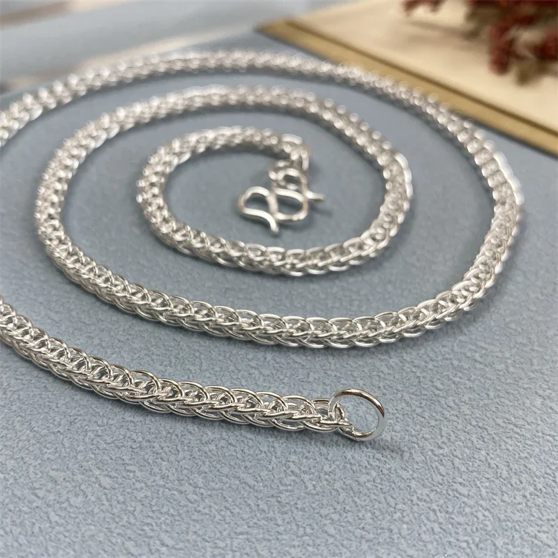 Pure Silver 999 Fine Silver Necklace Women Man 1.5/2.5/3mm/4mm Women Man's Square Hollow Wheat Chain Link