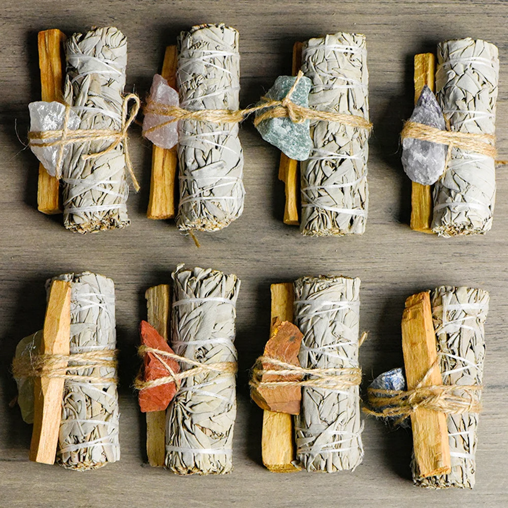 Natural White Sage with Crystal Quartz Sticks Indoor Ornament Leaf Bundle Sage Smudge Sticks for Home Decoration