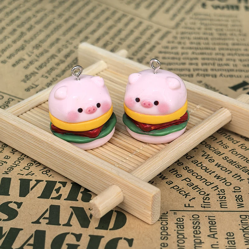 2Pcs Kawaii Pink Pig Hamburger Resin Charms Funny 3D Food Crafts Pendant for Bag Key Chains Necklace DIY Jewelry Make