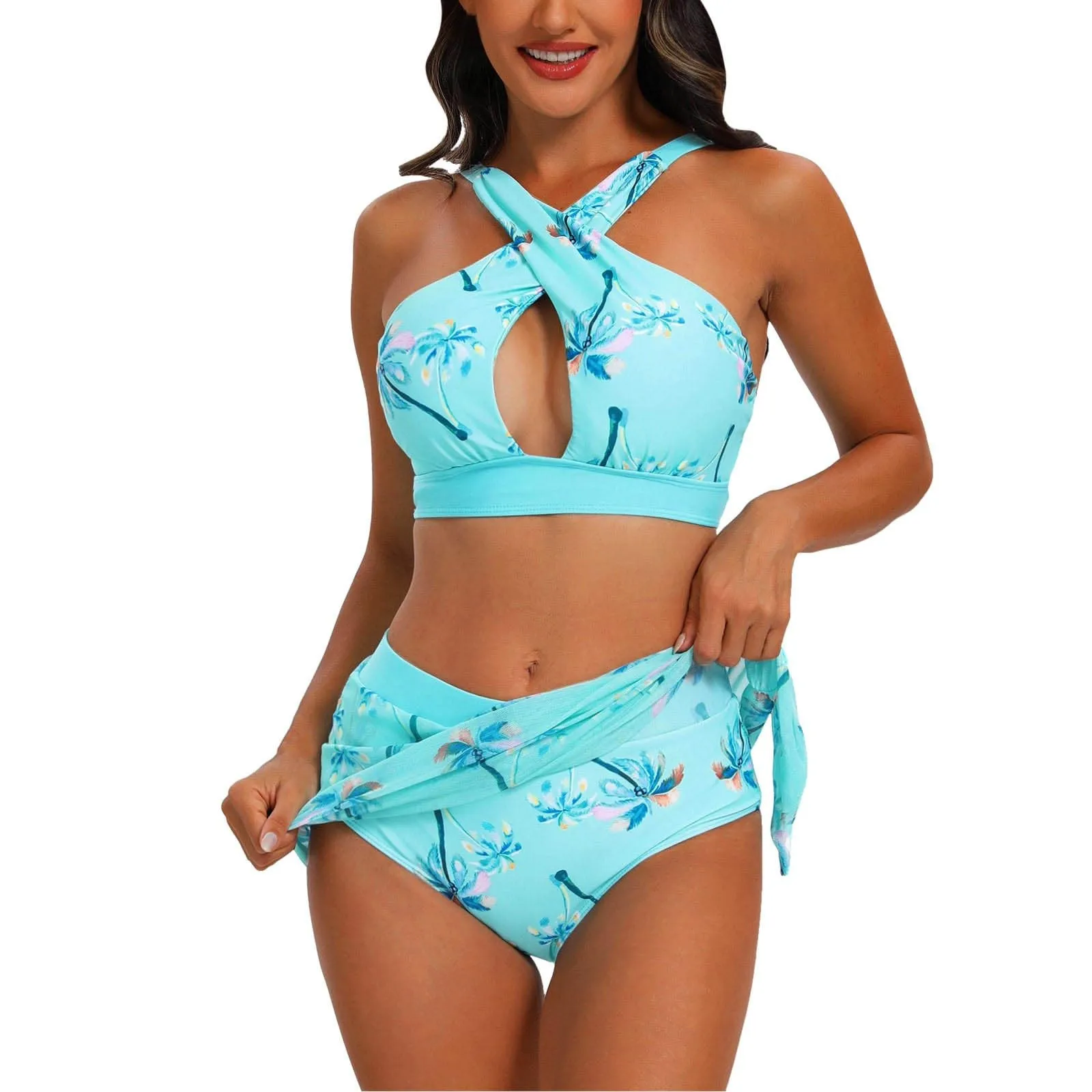 Ensemble de bikini imprimé patchwork pour femme, maillots de bain licou croisé, couverture de maillot de bain sexy, maillots de bain trempés, 3 pièces, 2024