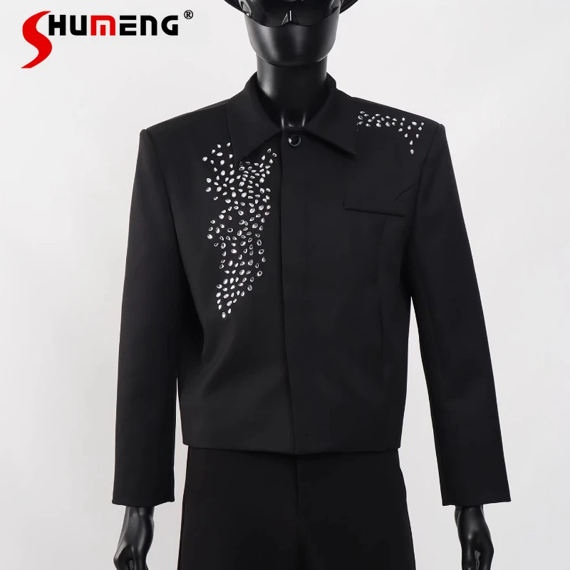

Men's 2025 Autumn New Rhinestone Lapel Jackets Short Style Padded Shoulder Stylish Long Sleeve Coats Diamond Unique Chic Jackets