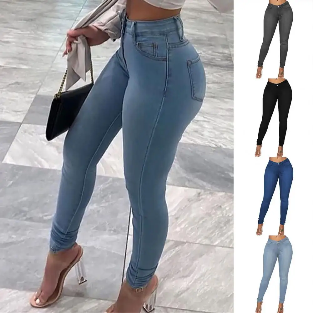 

Popular Butt-lifting Mid Waist Denim Trousers Button Zipper Fly Women Jeans Mid Waist Skinny Denim Pants for Daily Wear