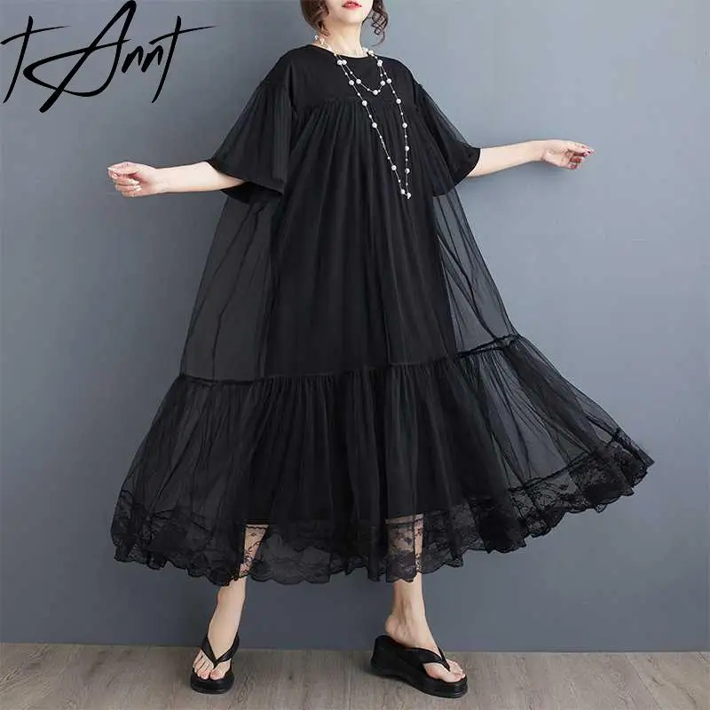 

Tannt Women Dress Patchwork Fashion Black Mesh Dresses For Women 2025 New Casual Perspective Long Summer Mesh Dresses
