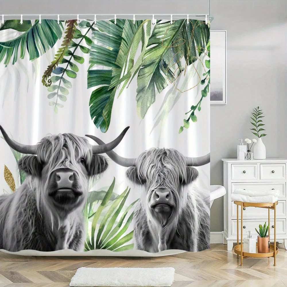

1pc Tropical Leaves Shower Curtain Highland cattle with curved horns surrounded by lush green leaves and ferns, Polyester fabric