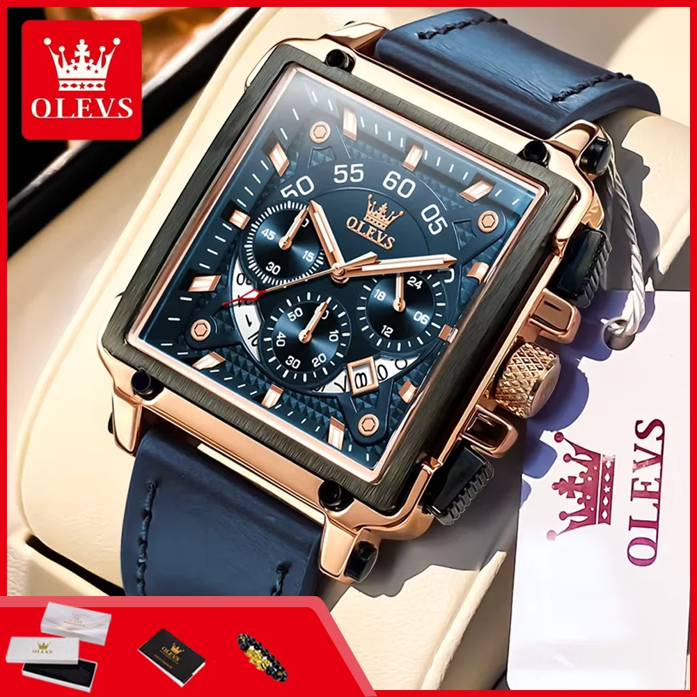 OLEVS 9919 Watches For Men 45mm Large Square Dial Leather Strap Chronograph Waterproof Watches Luxury Original Quartz Wristwatch