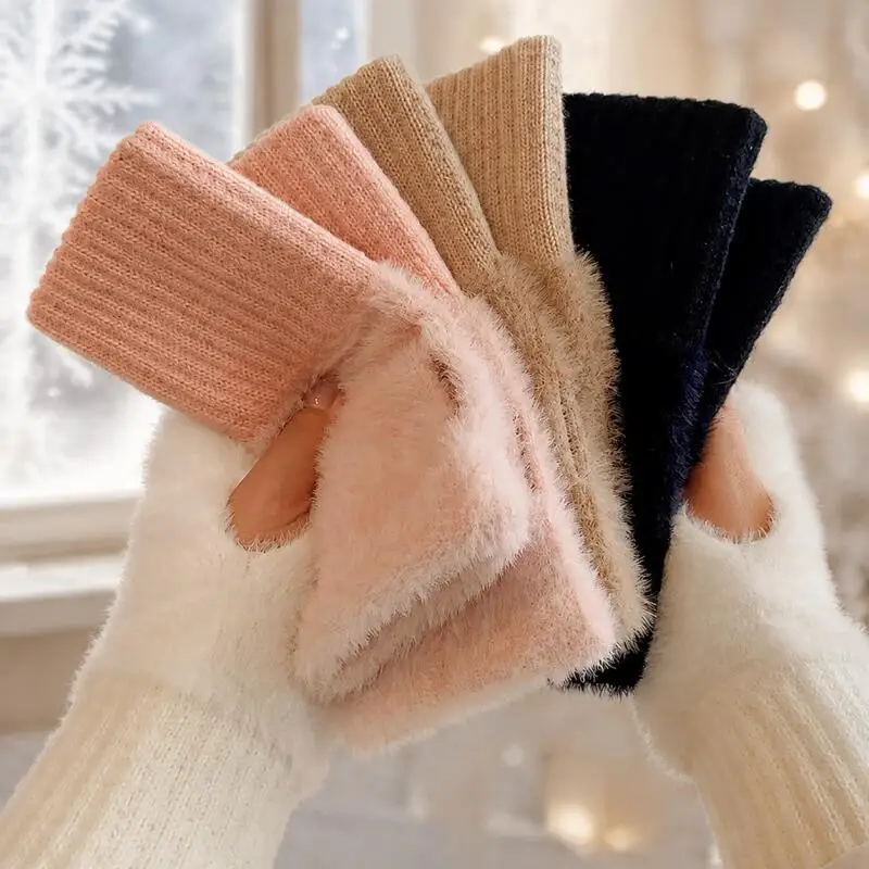 Soft Fluffy Plush Half-finger Gloves Warm Versatile Fingerless Gloves Suitable for Winter Work and Study Gloves