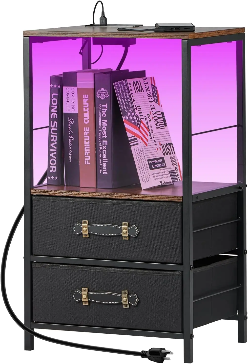 

Nightstand with Charging Station, 27.5" Tall LED Night Stand with 2 Drawers, Industrial Bedside Table with Remote Control Lig