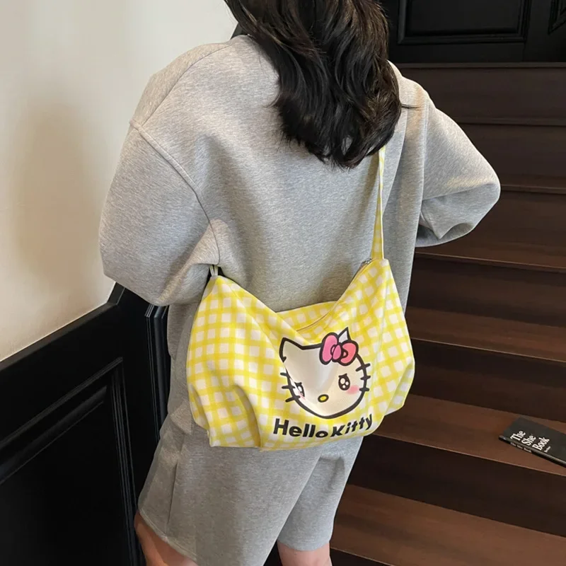 

Hello Kittys Crossbody Bag Fresh Lattice Large Capacity Tote Bag New Summer Girl Kawaii Cartoon Bags for Woman