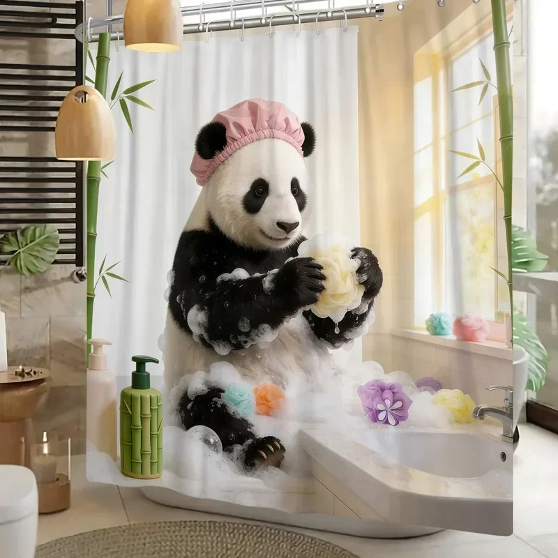 VIKAMA Cute Panda Shower Curtain Funny Bathing Panda Print Waterproof Fabric Curtain for Bathroom Decor