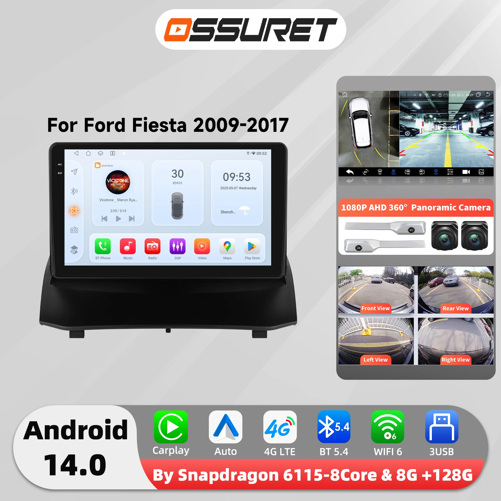 6115 8-Kern Carplay Android Autoradio für Ford Fiesta Mk7 2009 - 2017 Multimedia-Videoplayer 2DIN 360-Grad-Kamera RDS DSP Intelligenter Bildschirm 4G Wifi Bluetooth 9"-Haupteinheit