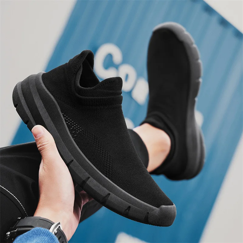 Men Shoes Slip On Sock Sneakers Fly Weaving Breathable Soft Sole Shoes Casual Platform Rubber Bottom Anti Slippery Zapatos 44