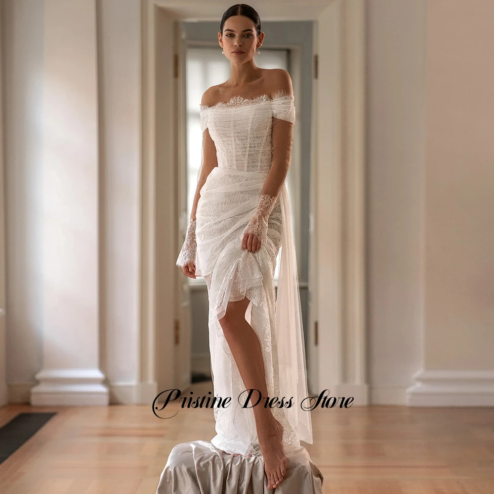 Romantic Lace Sheath Wedding Dress Tulle Off the Shoulder Court Train Zipper Back Customized Bridal Gowns Vestidos De Novia