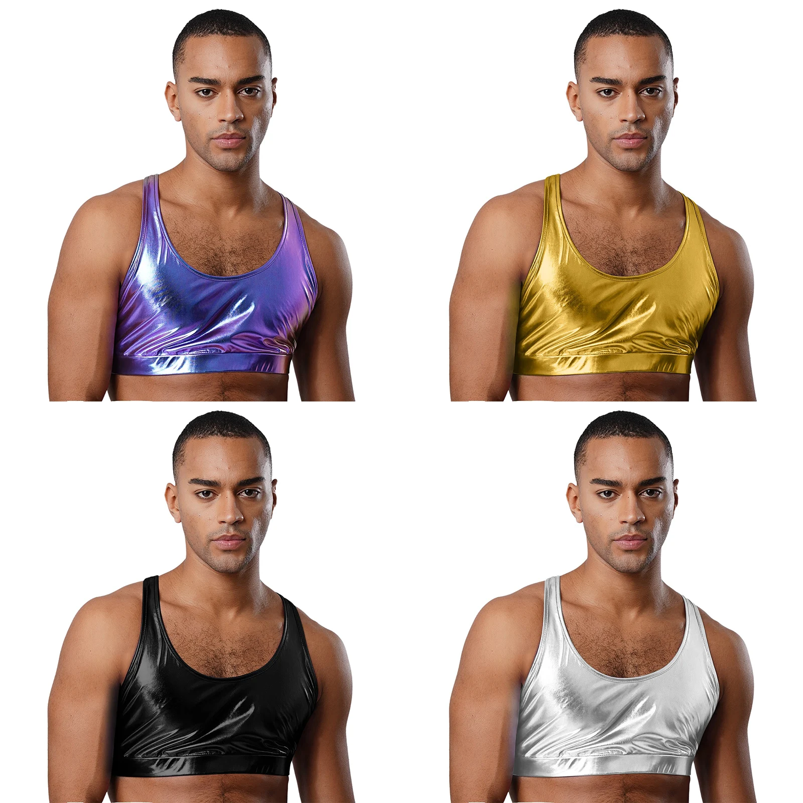 大人用 メンズ メタリック シャイニー クロップトップ ロースクープネック ノースリーブ コルセット スリムフィット レイブ キャミソールトップ クラブナイト ポールダンス用