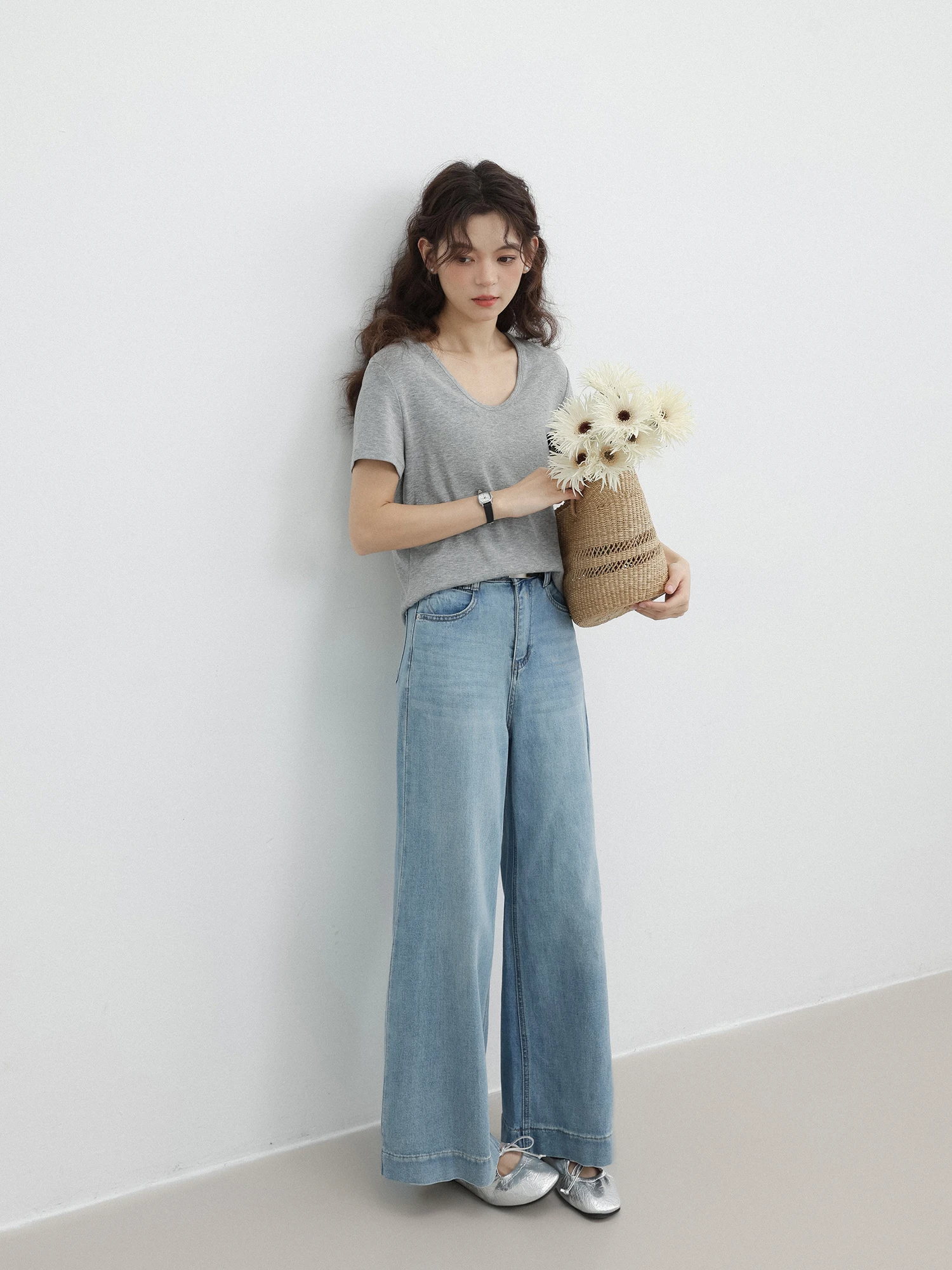 

Retro Wide Leg Blue Washed High Waist Denim Jeans Women's Spring Straight Cut Trousers Comfortable to Wear Cotton Blend Elastic