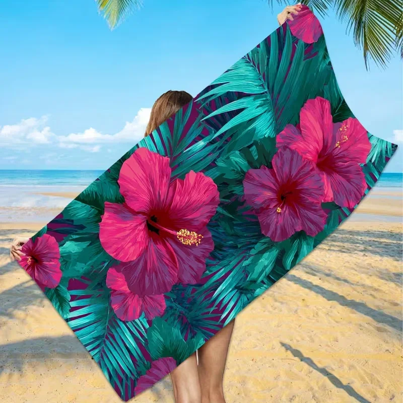 Vibrant Tropical Hibiscus Palm Leaf Beach Towel Quick Dry Summer Pool Towel Colorful Floral Hawaiian Print Beach Blanket