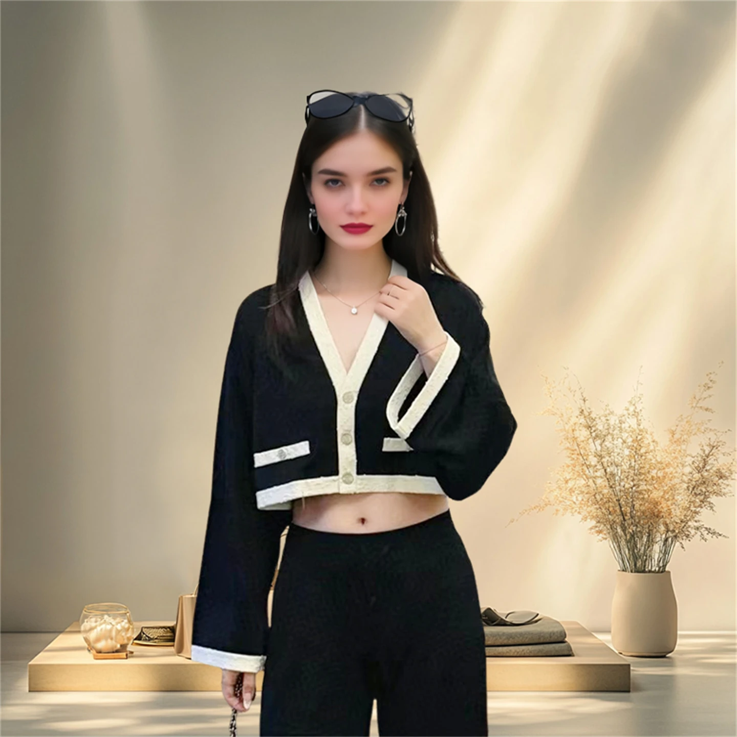 

Short black new jacket with contrasting color splicing, V-neck long sleeved jacket, women's loose and slimming top