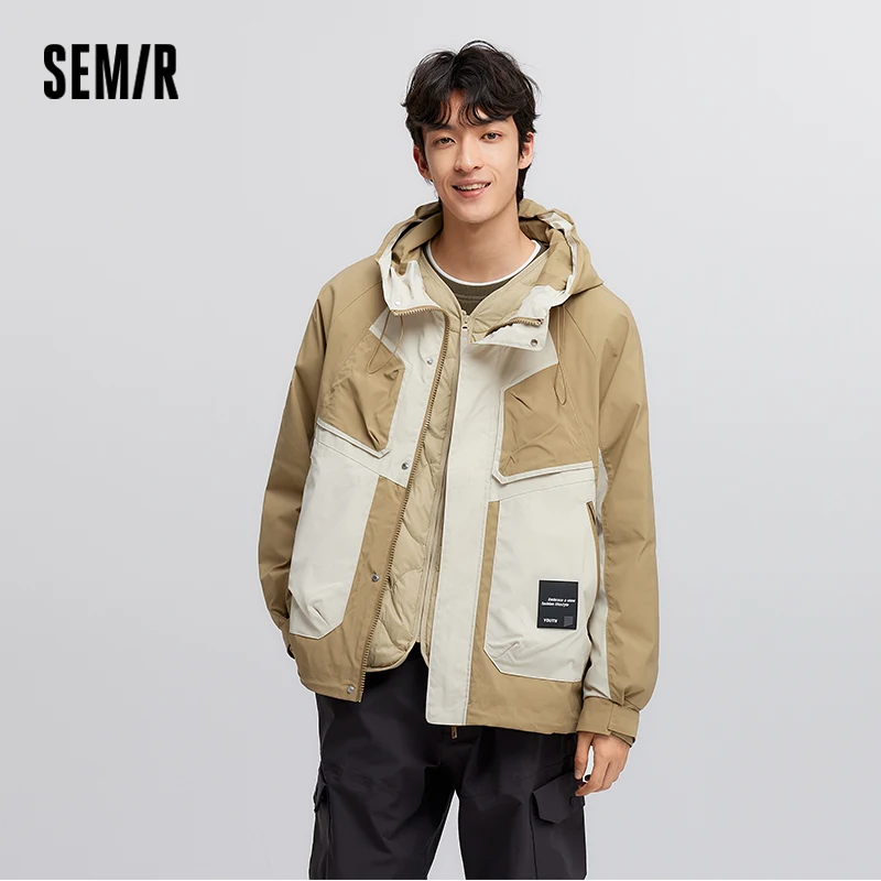 Semir Down Jacket Men Loose Hooded Two-piece Set Spring Contrast Color Patchwork Textured Outerwear Lightweight Outdoor Trendy