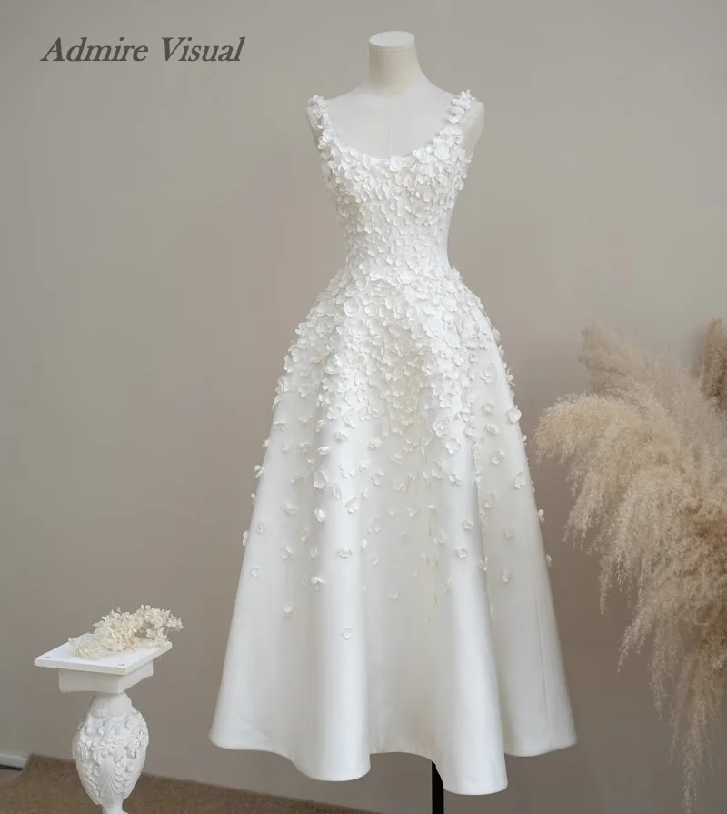 

Admire Visual Customized Wedding Dress A-Line Satin Ankle-Length Sleeveless Scoop Neckline With Flowers Bride Gowns