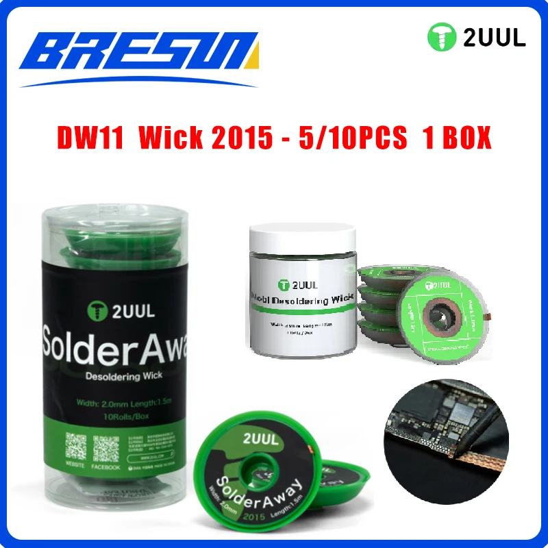 2UUL DW11 Solder Away Desoldering Wick 5Rolls10Rolls /BOX For Mobile Phone PCB Motherboard Welding Clean Desoldering Braid Tools