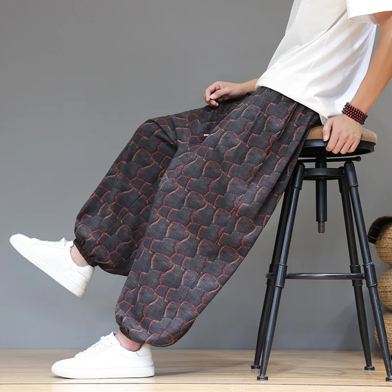 Men Wide Leg Pants Casual Joggers Trousers Male Sweatpants Loose Pants Chinese Style Dragon Patterned Lantern Trousers