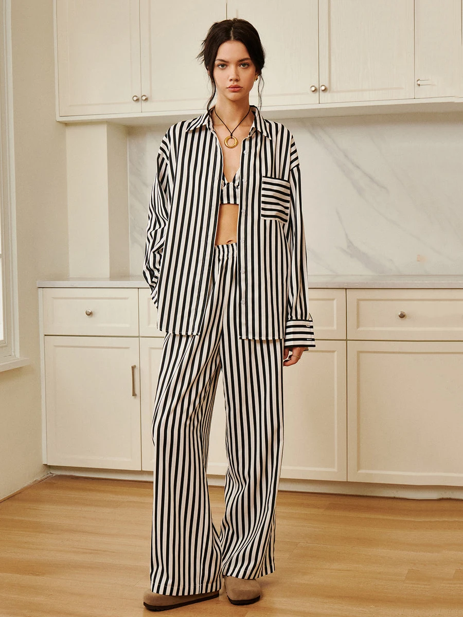 

Marthaqiqi Striped Women Pajamas 3 Piece Suit Turn-Down Collar Sleepwear Underwear Nightwear Long Sleeve Robe Pants Home Clothes