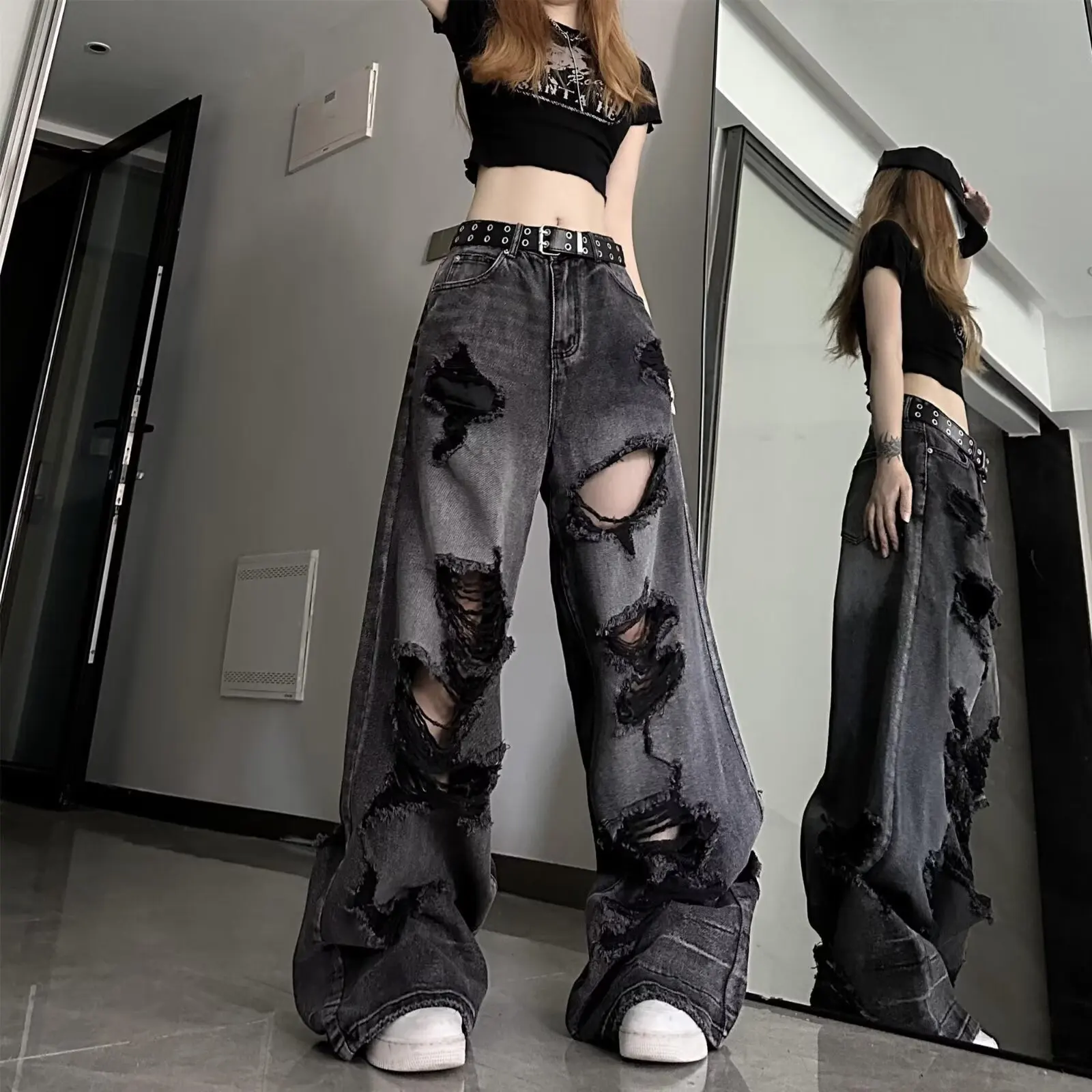 

Unique Cool Ripped Jeans Women's Summer Distressed American Style Bell Bottoms Loose Fit Versatile Straight Leg Long Pants