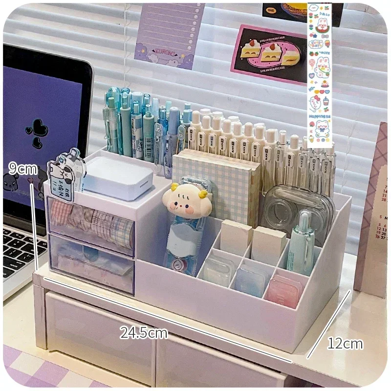 Imagem -06 - Multiuso Desktop Storage Box com Gaveta Cute Pen Holder Papelaria Rack Cosméticos Armazenamento