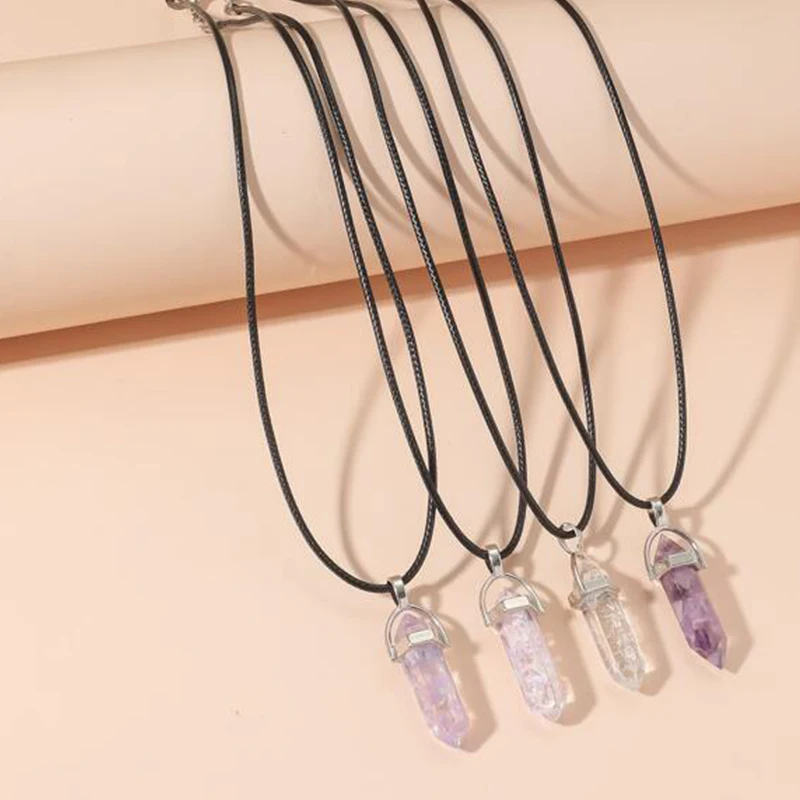 4 PCS Geometric Glass Stone Pendant Necklaces Set Pink Blue Opal Stone Options Charm Black Cord Women Fashion Jewelry Set