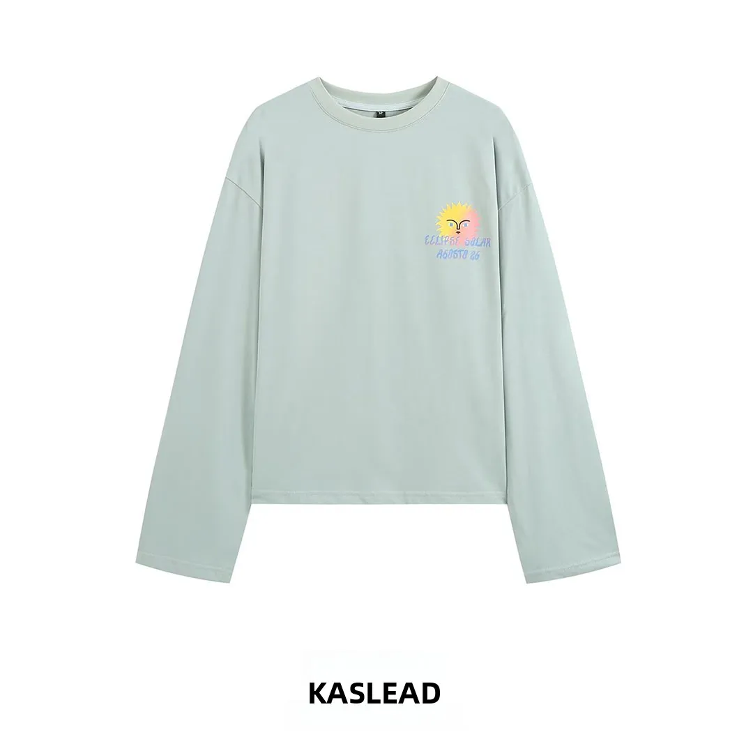 KASLEAD New Women's Fashion Design Unique Versatile Solar Eclipse Theme T-shirt Loose Fit round Neck Shoulder Pad T-shirt