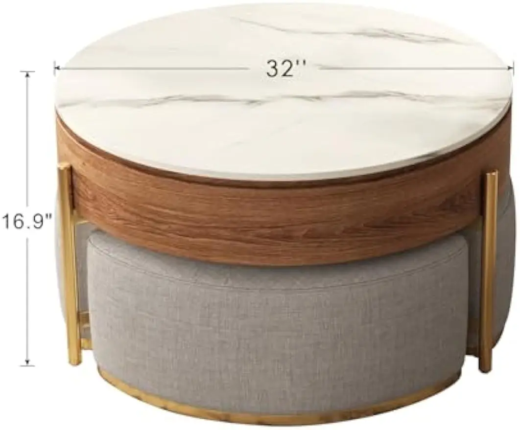 Lift Top Coffee Table Set, Round Marble Coffee Table with Storage and Nesting Ottomans