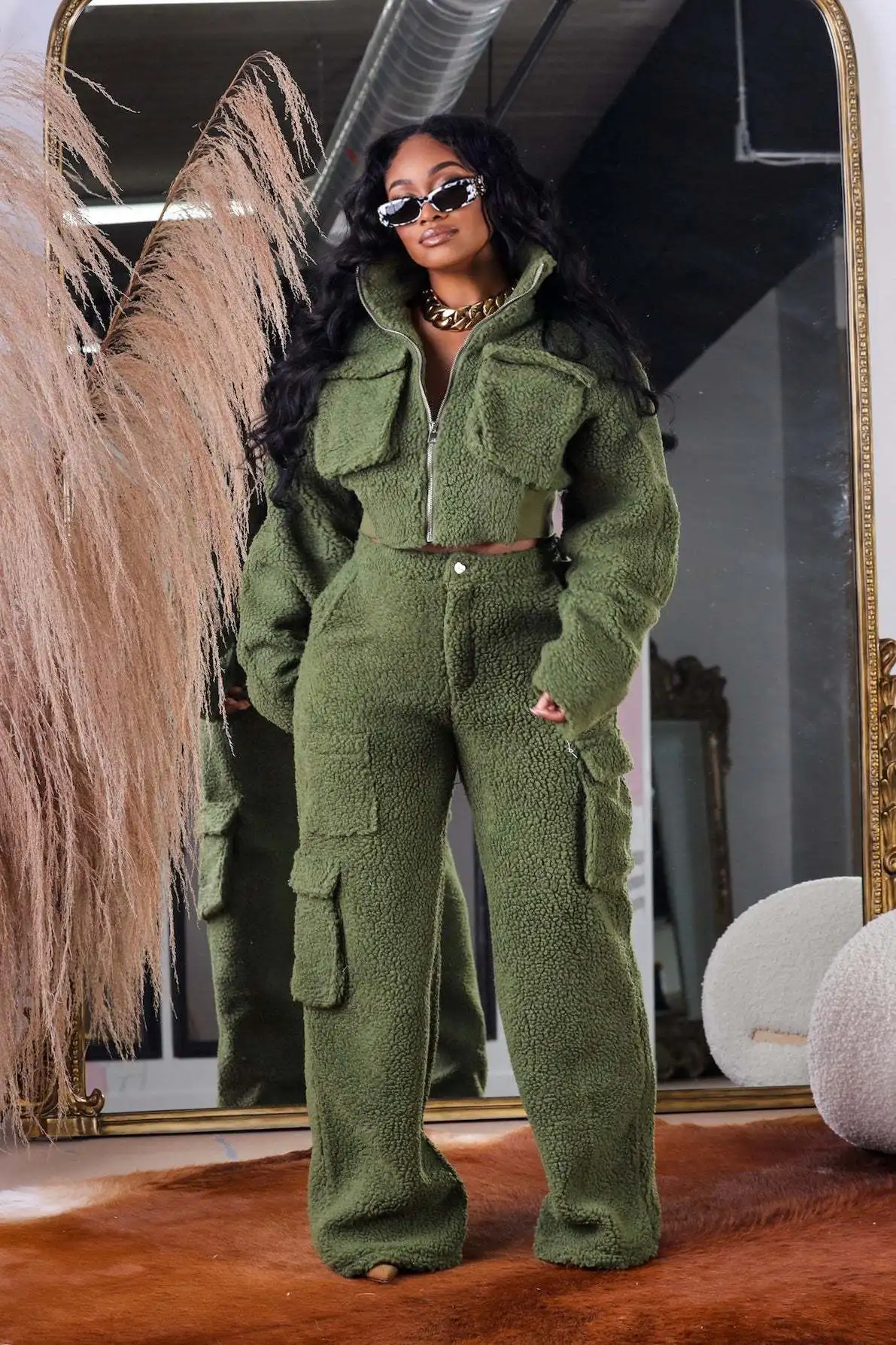 Fall Winter Fuzzy Pajamas Jacket And Pants Two Piece Set Home Wear Lounge Wear Set Women Warm Thick Fleece Jogger Set Sweatsuit