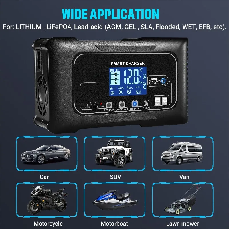 

Wet Dry Lead Acid Car Battery Charger Digital LCD Display Full Automatic 12V 24V Car Battery Charger Power Puls Repair Chargers