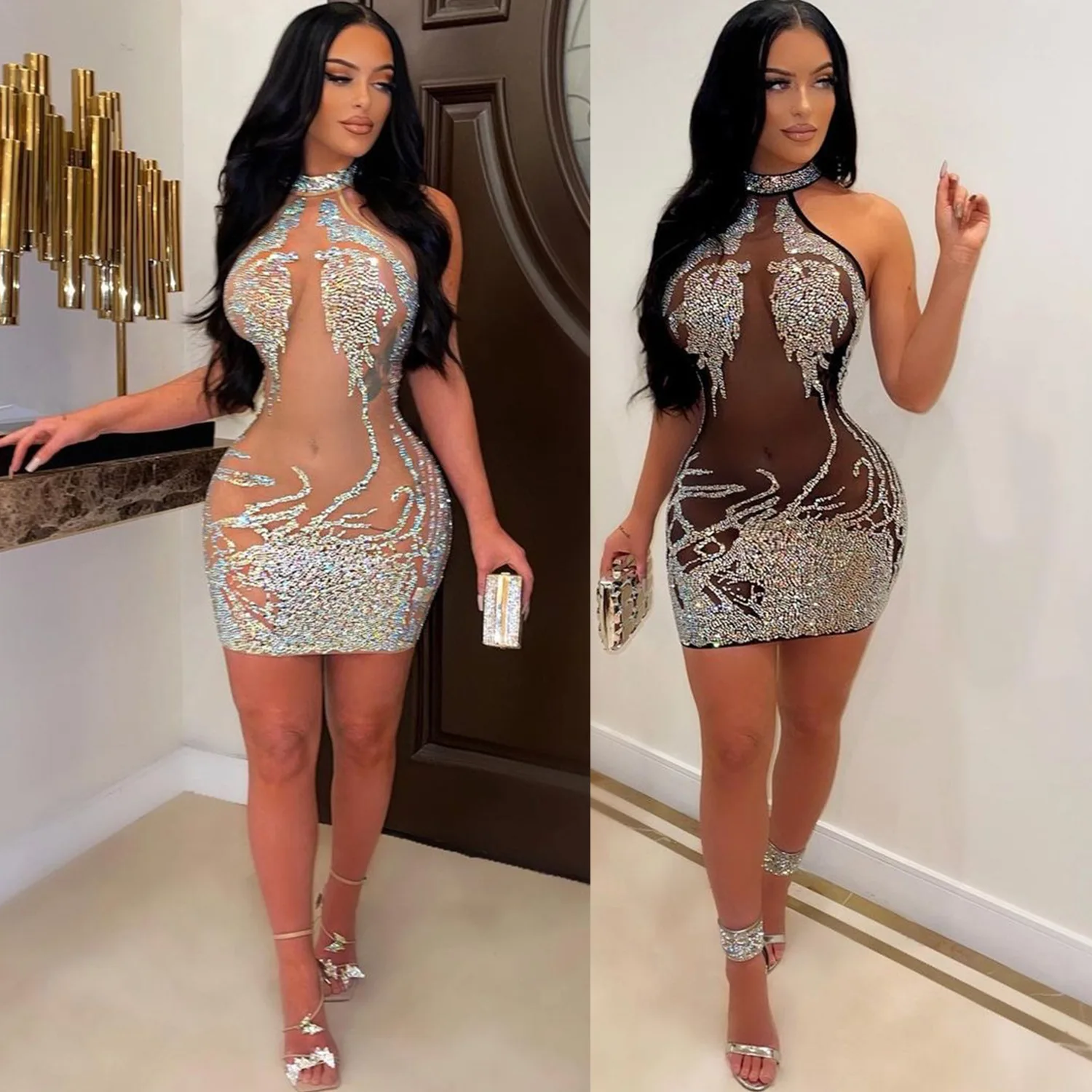 

Sexy tight mesh hot diamond perspective nightclub women's dress temperament elegant and thin simple new women's clothing