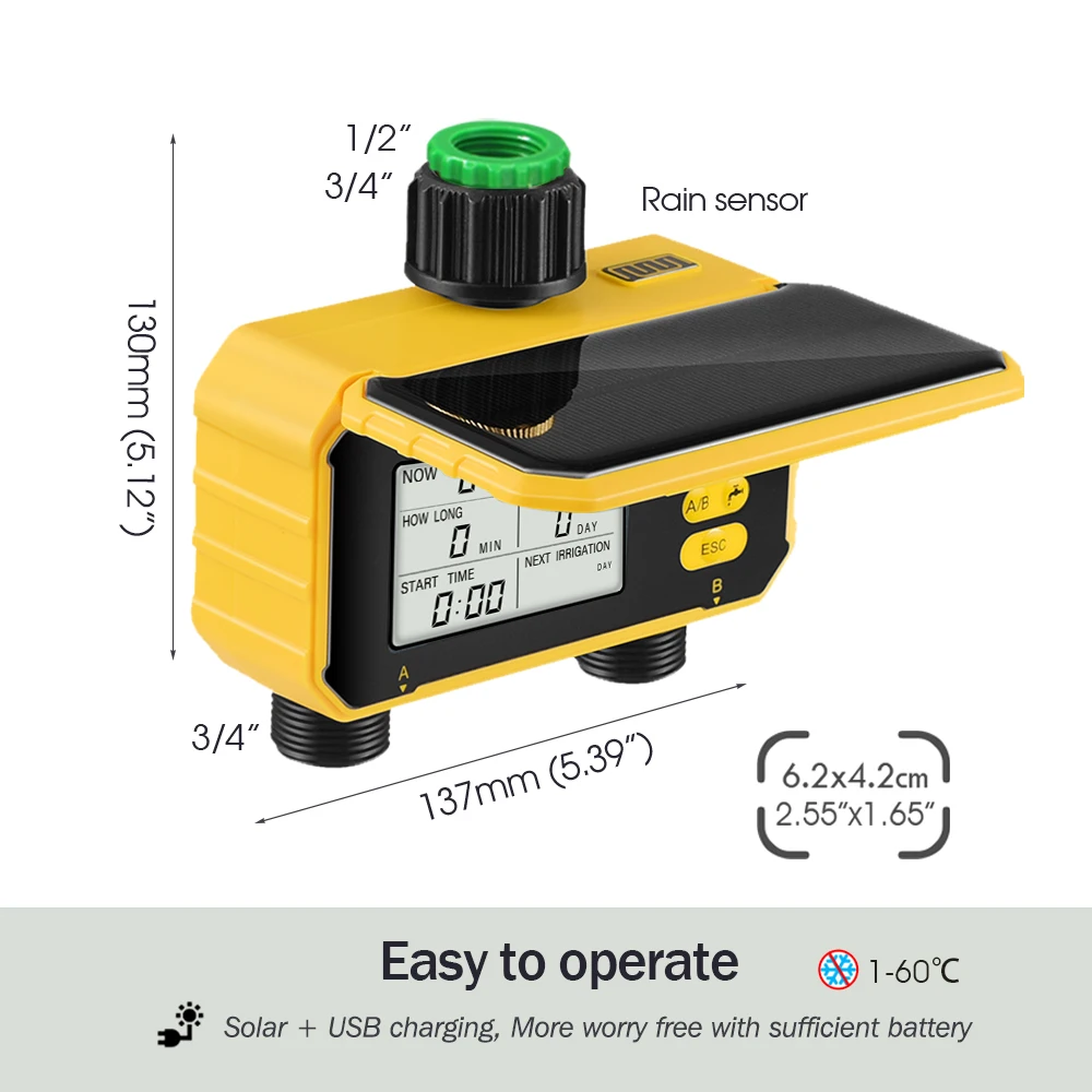 2-drożny programowalny słoneczny zegar wodny do kranu z wężem ogrodowym Automatyczny zawór kontrolujący nawadnianie Wbudowany akumulatorowy czujnik