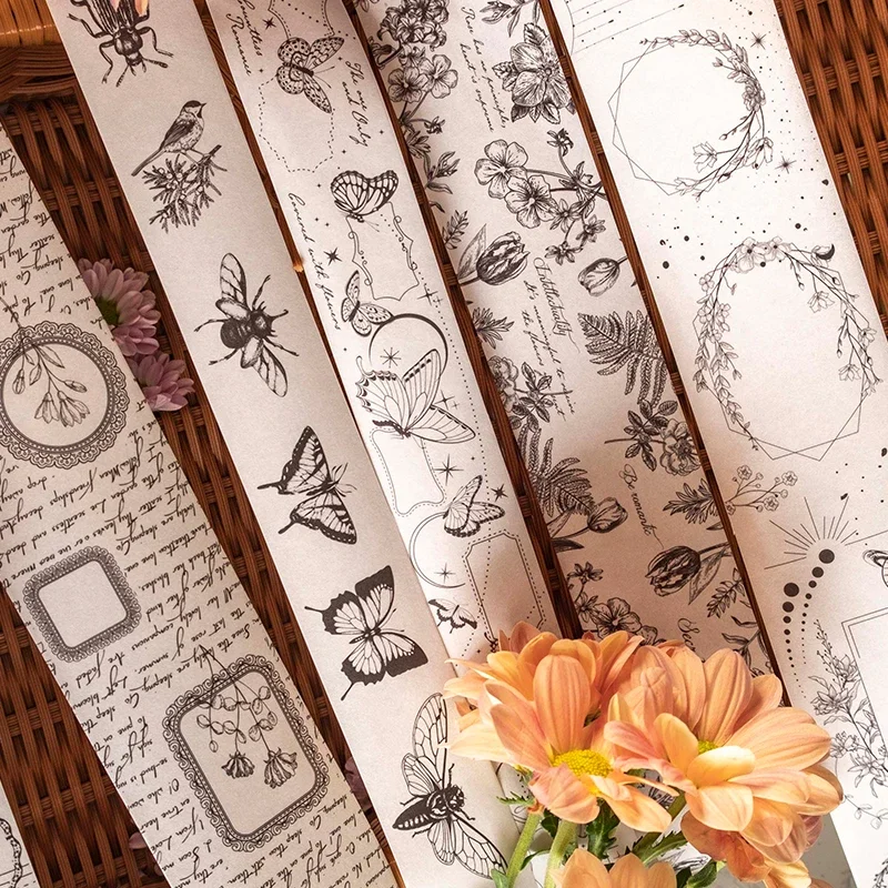 1Pack Tape garden Retro literature DIY flowers butterfly Flowers Scrapbooking decorative birds black white material collage 3M