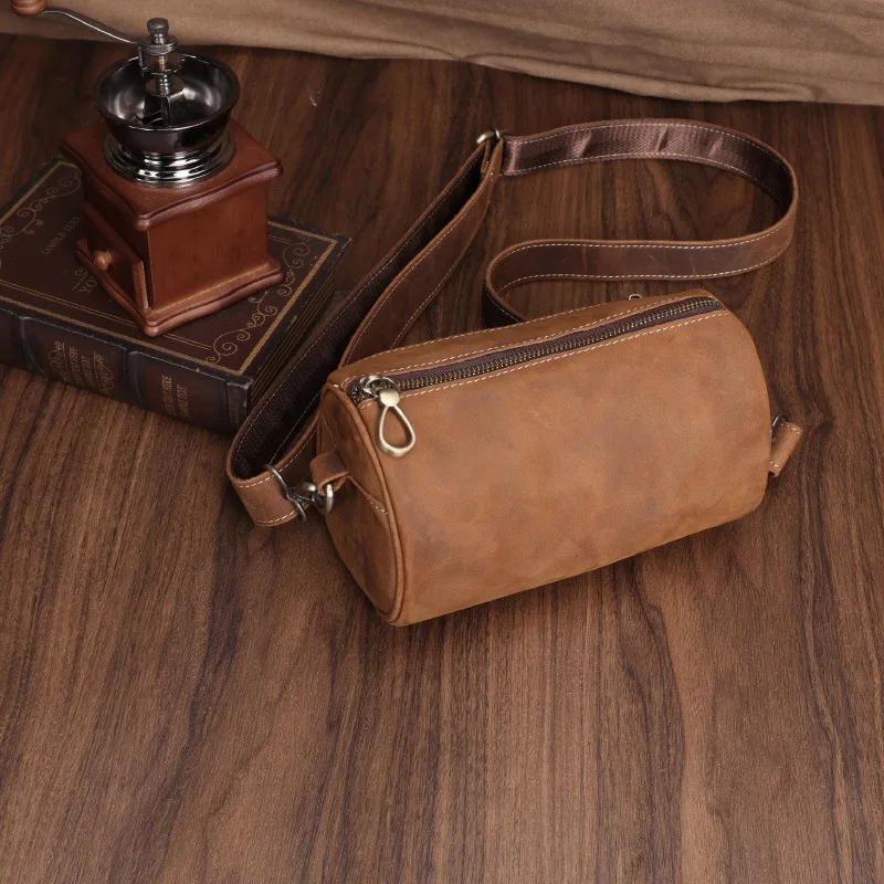 Leather Crossbody Bag Men Women Top Layer Cowhide Fashion Casual round Tube Small Pillow Shoulder Bag Vintage Style Pure Color