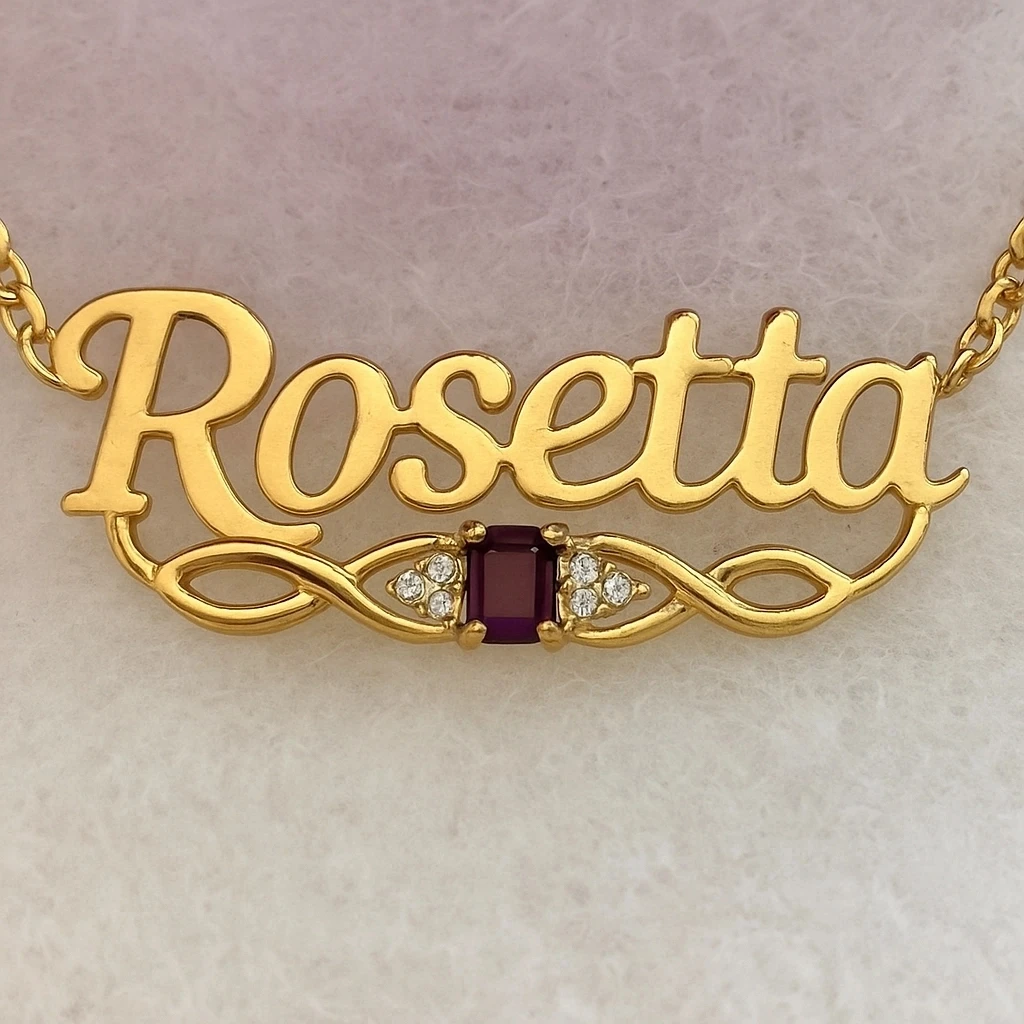 Personalized Custom Name Necklace Gold Plated with Birthstone Cubic Zirconia Script Font Nameplate Pendant Jewelry for Women