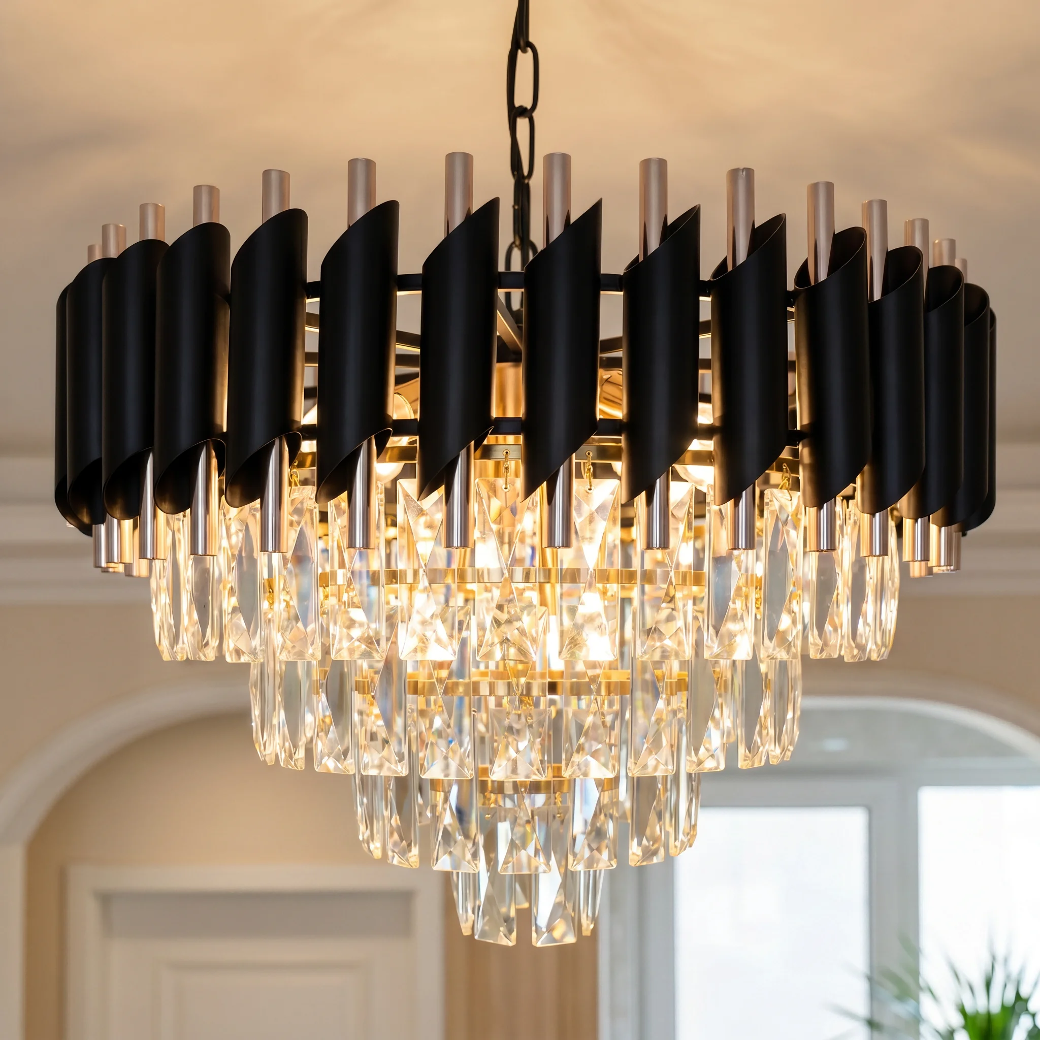 Modern Black Gold Crystal Chandelier,Round 4-Tier Adjustable Chain Vintage Dimmable K9  Pendant Light-Kitchen Island Living room
