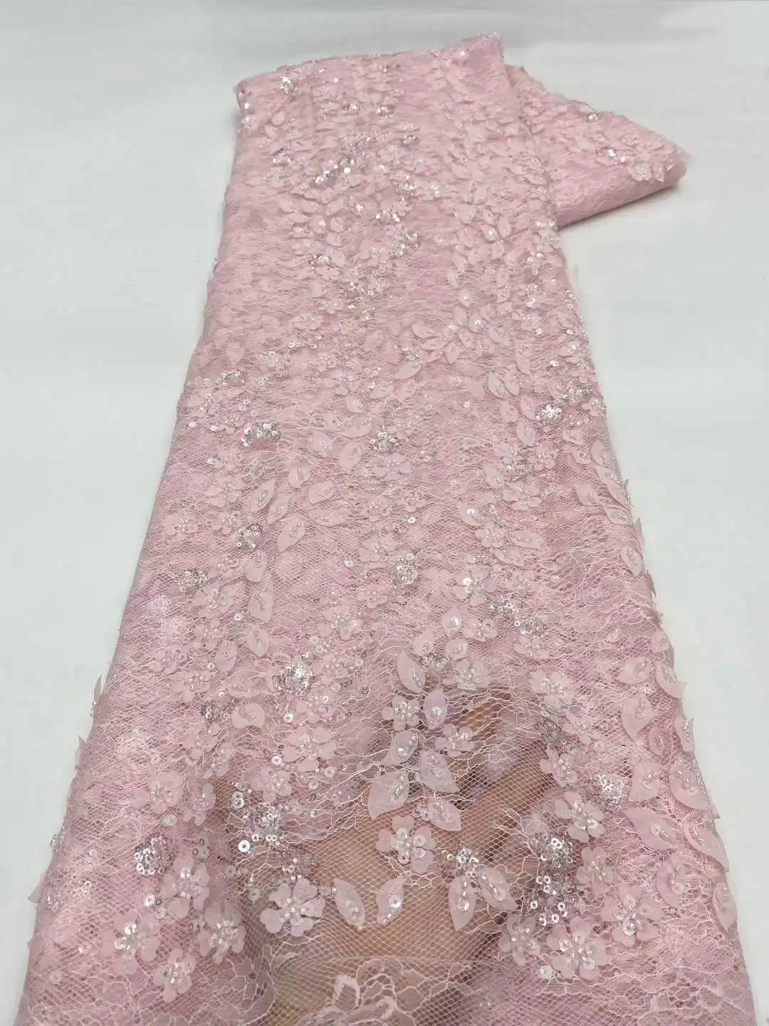 

High Quality African Lace Fabric 2025 French 3D Flower Sequins Embroidery Beads Tulle for Party Dress Making