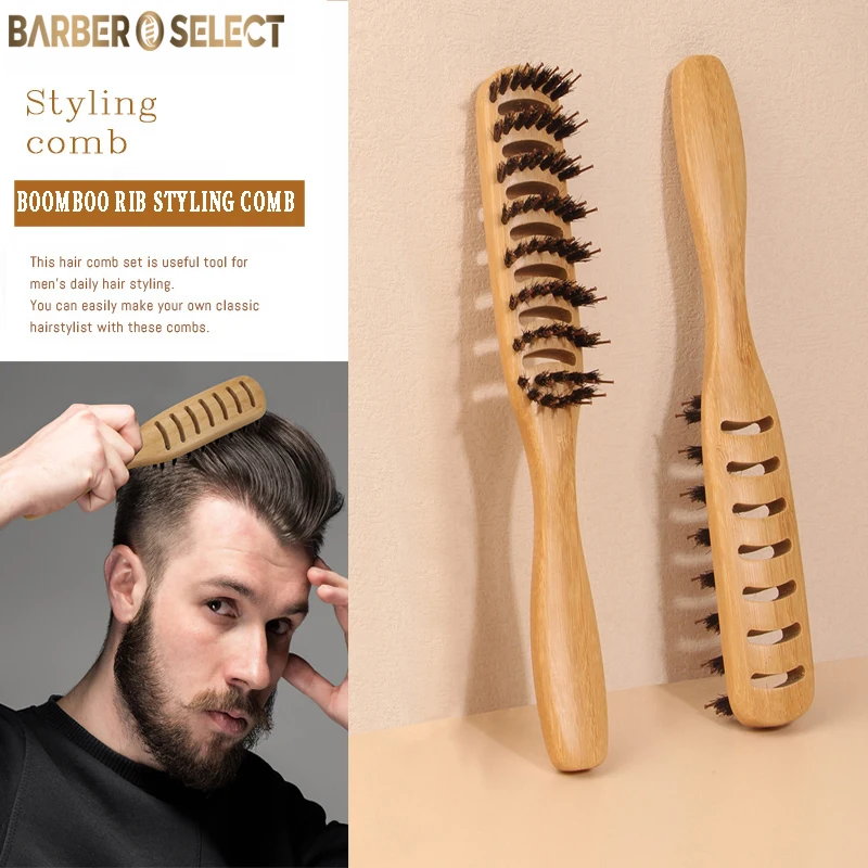 1pc Ribbed Comb for Men Bristle Fluffy Hair Brush Salon Hairdressing Bamboo Massage Rib Hair Comb Scalp Barber Hair Styling Comb