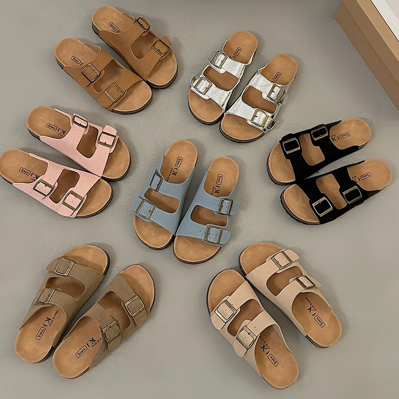 Sandalias de corcho a la moda para mujer, zapatillas de gamuza de suela suave con soporte para el arco, zapatos planos de Punta abierta para la playa al aire libre