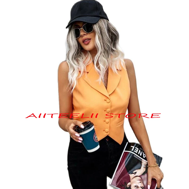 

Summer Women's Suit Vest Fashion Casual Orange Vest Sleeveless Jacket Dame Waistcoat Clothes traf