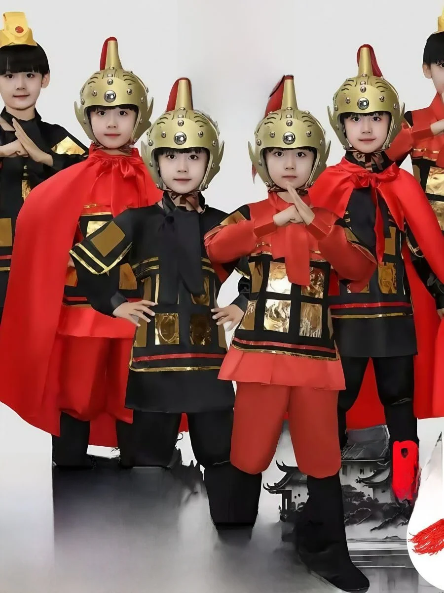 

Children's Yue Fei Performance Costume Soldier Uniform Yue Fei Armor Outfit with Cape Jiang Hong Reading Performance Clothes