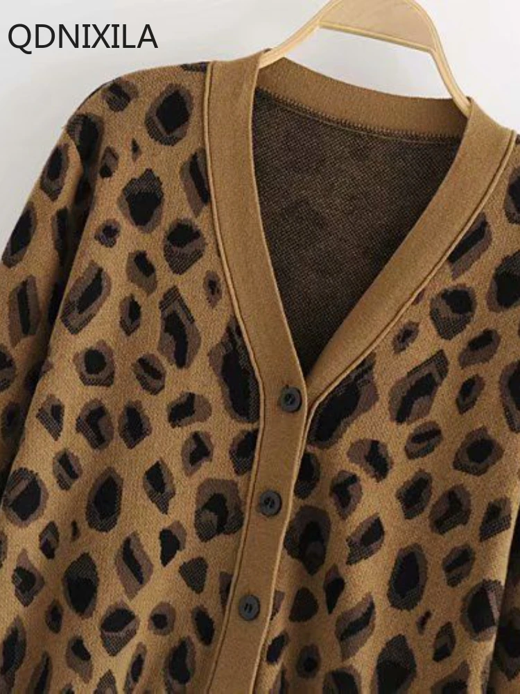 Women\'s Leopard Print Knitted Cardigan, V-neck, Long-sleeved, Loose Sweater, Short Jacket, Fashion, New, Autumn, 2024