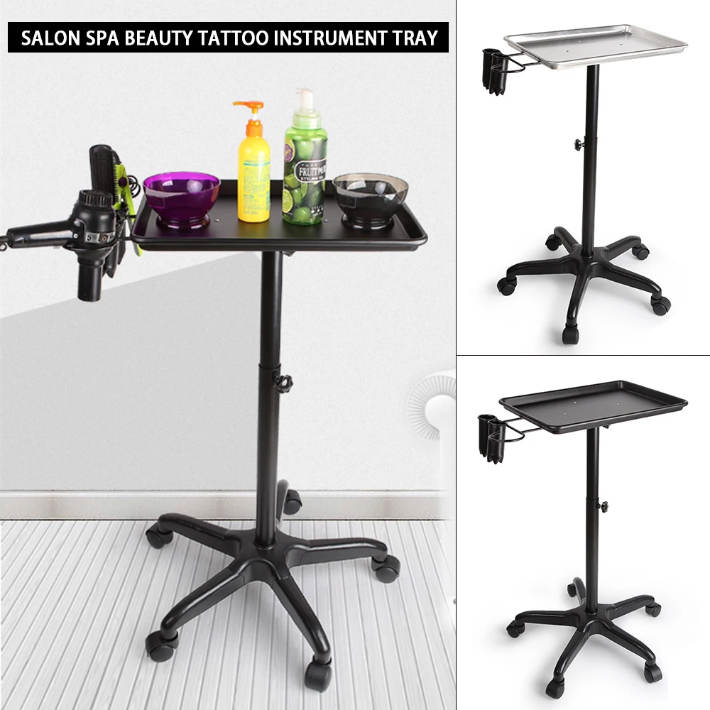 Hairdressing Salon Tool Cart Black/Silver Movable Adjustable Rolling Service Instrument Tray Height Aluminum Alloy Tray