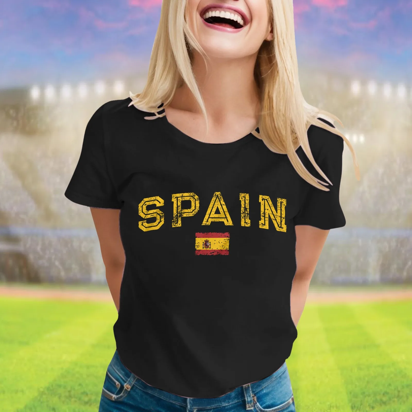 

Round Neck Short Sleeved Loose Tee Shirts 2024 New Summer Fashion Female Top Tee Women's Spain Flag Printed Casual T-Shirt