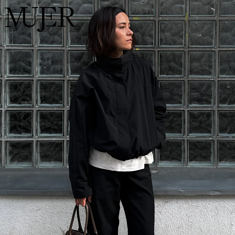 MUJER Black Windbreaker Woman Zip Cropped Women's Bomber Jacket New in Outerwears Long Sleeve Demi-season Jackets for Women Coat