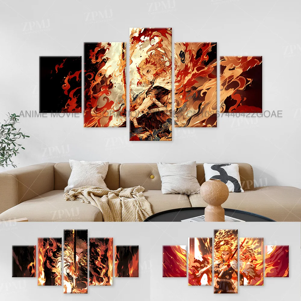 

5pc Anime Wall Art Canvas Painting Picture Print Home Decor Demon Slayer Rengoku Kyoujurou Character Poster Room Frameless Mural